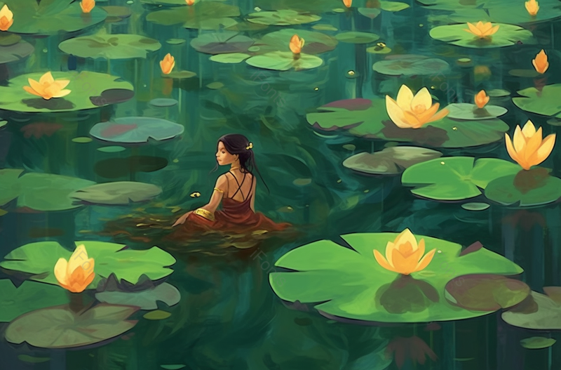 绿色凉爽夏天夏至池塘荷花绽放盛开荷叶女孩水中沉思插画,插画/手绘图,插画/手绘图库,插画/手绘图下载,插画/手绘